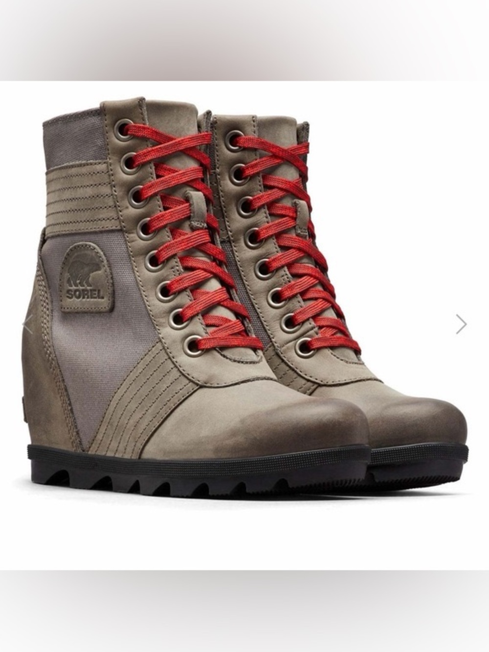 Sorel Women's Taupe Wedge Boots with Red Laces